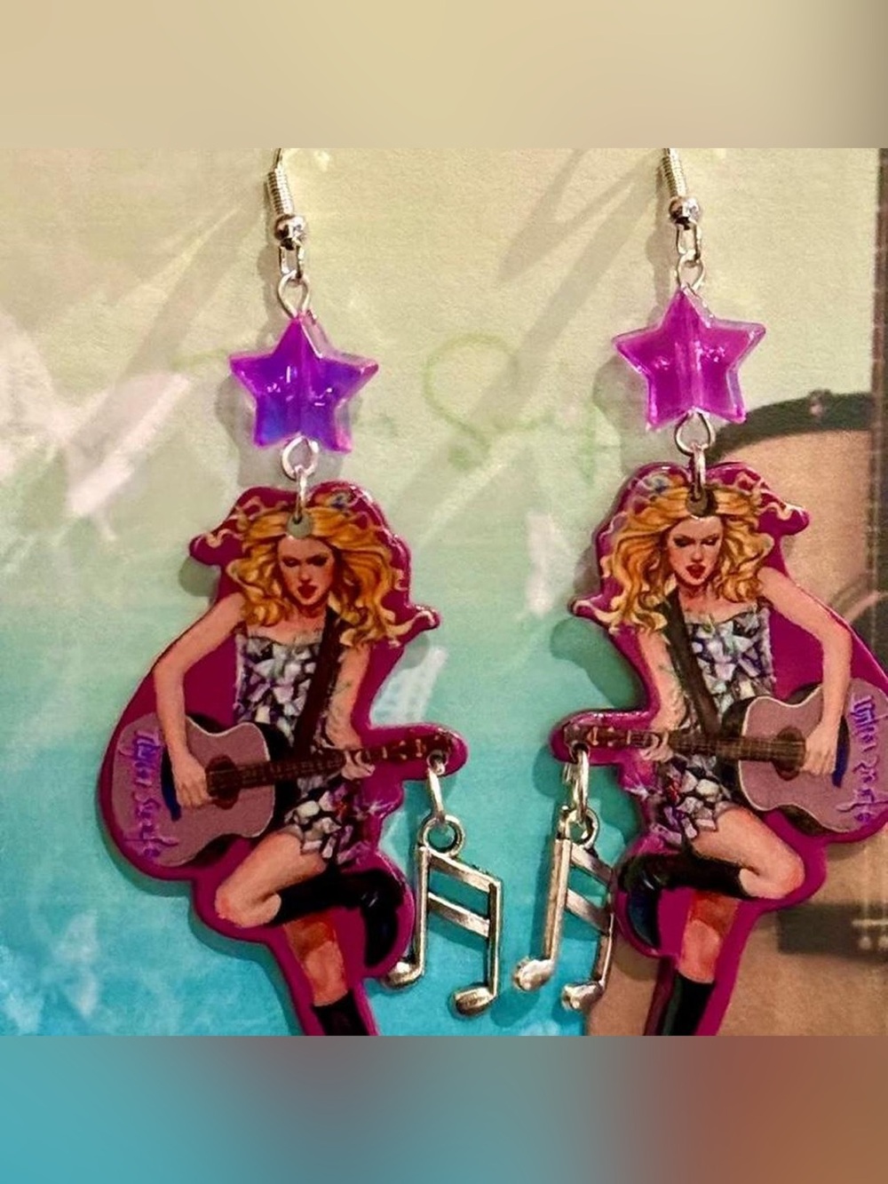 Taylor Swift Music note & Star Dangle Earrings in Purple Debut Album inspiration